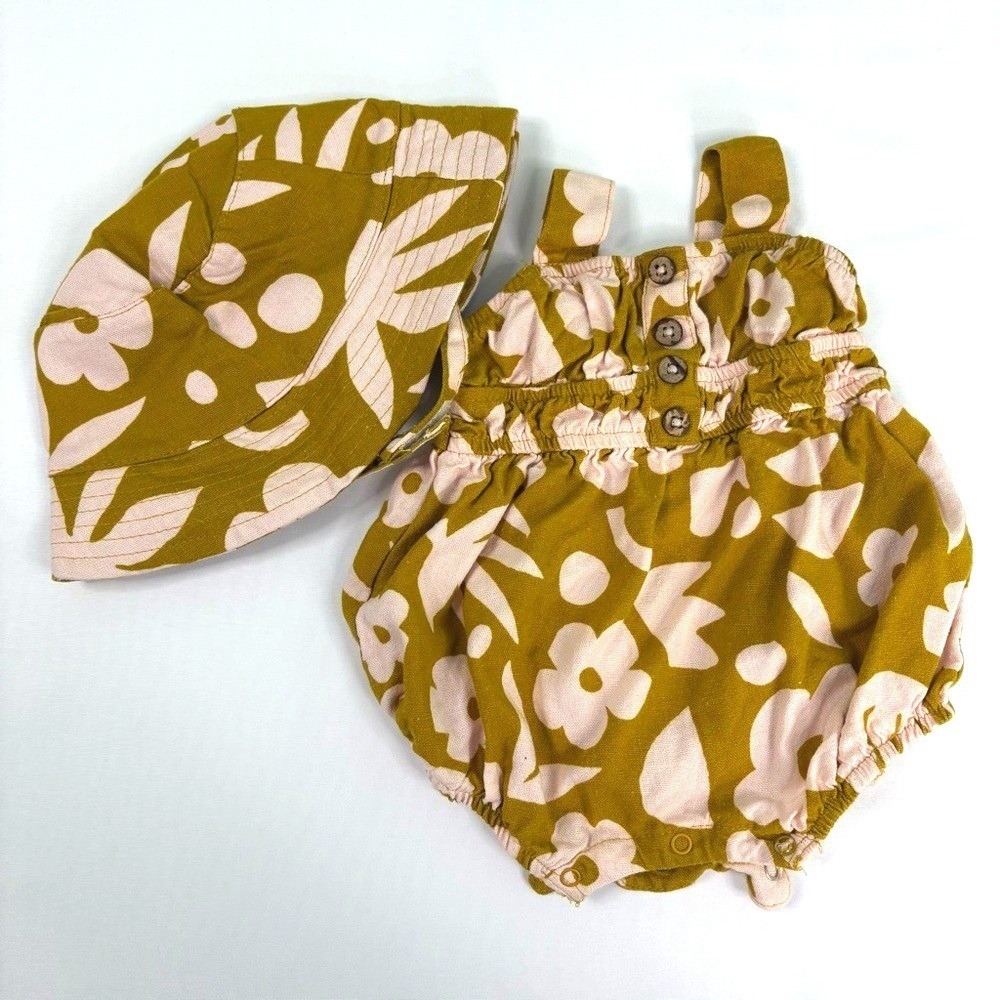 Volcom‎ Baby Girl Linen Romper with Matching Bucket Hat Size 0/3 Months